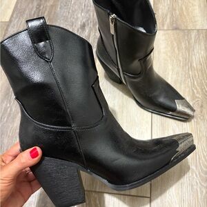 FP Brayden Boot Look Alike Black Leather Ankle Boots with Silver Accents